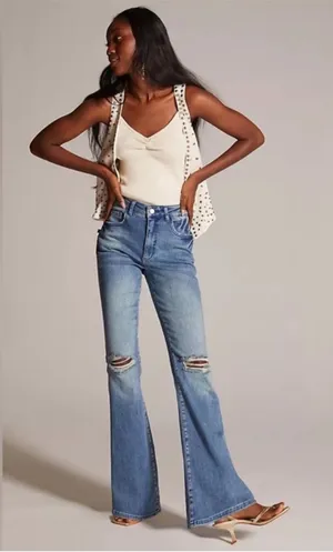 Pilcro Anthropologie The Icon High Waist Distressed Denim Flare Jeans Size 28 thumbnail 1