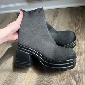 Amazon Black Chunky Heeled Sock Boots thumbnail 6