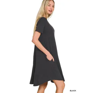 Zenana Short‎ Sleeve Round Hem A-Line Dress with Side Pockets - Large thumbnail 3