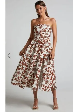 Showpo Evita Floral Midi Dress Ruched High Split Strapless NEW S thumbnail 1