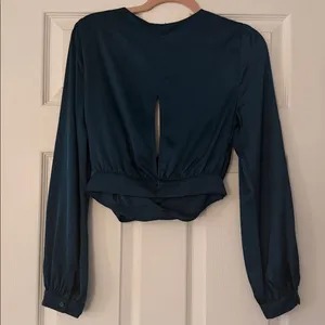 Nordstrom Astr The Label emerald green Satin Crop Faux Wrap long sleeve Top thumbnail 4