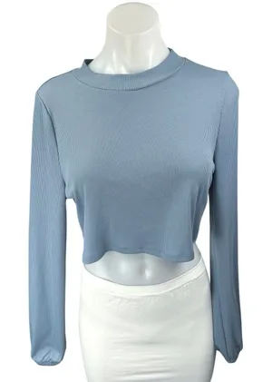 Superdown Women Blue Ribbed Knit Long Sleeve Mock Neck Sweater Crop Top Size S thumbnail 1