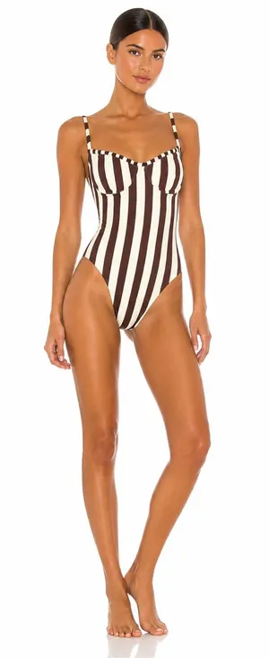 Onia Marilyn One Piece Swimsuit Brown Cream Stripe Underwire Bustier NWT $225 thumbnail 1