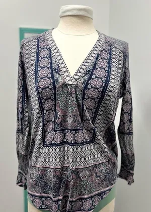 Lucky Brand Elegant Navy, Lavender and White Women's Peasant Top thumbnail 1
