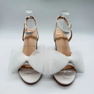 White Glitter Block Heel Sandals with Oversized Tulle Bow Ankle Strap Size 9.5 thumbnail 6