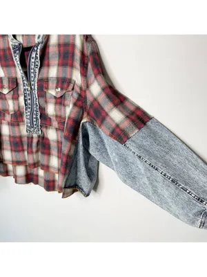 Prómesa plaid denim patchwork quarter zip collared pullover top S thumbnail 8