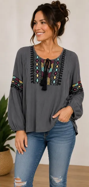 Solitaire Gray Embroidered Peasant Blouse Tassel Tie Long Sleeve Top Large thumbnail 1