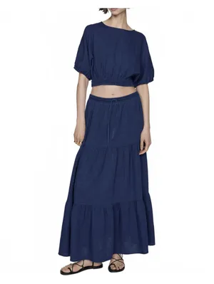 Mango Long Cotton Flared Skirt Night Blue NWT Large thumbnail 4