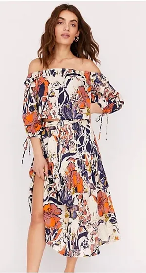 Free People Shasta Skirt Set Floral Off Shoulder Crop Top Tiered Midi Skirt M thumbnail 1