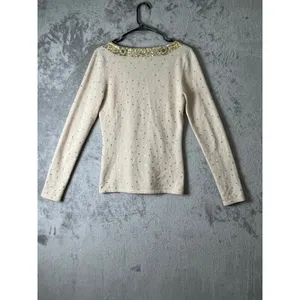 Vintage 100% Cashmere Sequin Beaded Embellished Sweater Medium Ivory Gold Y2K thumbnail 3
