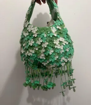 Viral Beaded Bag Made in India Green White Floral Hanging Flower Fringe thumbnail 4