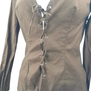Reformation Caci Women's Brown Lace Up V Neck Long Sleeve Blouse Top Size 4 thumbnail 4