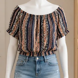 ILLA ILLA Women Crop Top Boho Off Shoulder Geometric Print Navy Orange Small thumbnail 1
