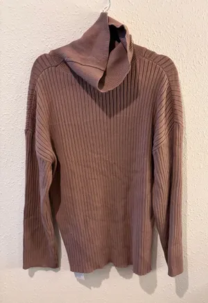 Ribbed Cowl Neck Sweater in Taupe Brown Size L thumbnail 1