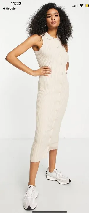 Asos design knitted midi dress in cream buttoned with collar thumbnail 1