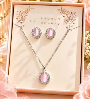 2/20 LC Lauren Conrad Silver Necklace and Earrings Pink Gemstones in gift box thumbnail 1
