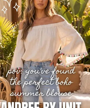 ANDREE BY UNIT Cream Off-Shoulder Blouse with Multicolor Tassel Trim thumbnail 1
