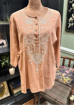 Bird Thai Artisan Embroidered Boho Tunic – 100% Cotton – Size L thumbnail 1