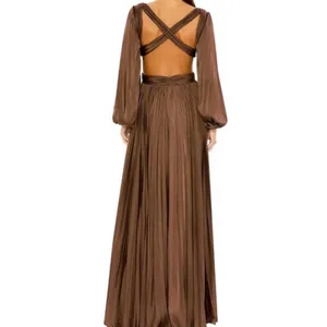 Ieena for Mac Duggal Brown Long Sleeve Pleated Full Skirt Cut Out Sides Gown 6 thumbnail 3