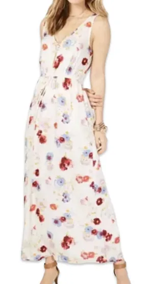 Lucky Brand Ivory Red Blue Floral Sleeveless Tie Waist V-Neck Maxi Dress size S thumbnail 1
