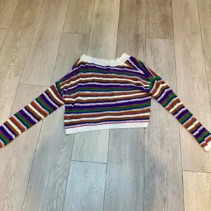 NWT knit striped crocheted Colorful fall cropped sweater cardigan‎ size medium thumbnail 6