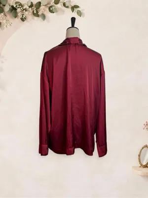 H&M Satin Button-Down Shirt in Wine thumbnail 6