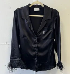 Juicy Couture Black Satin Feather Trim Pajama Top Rhinestone JC‎ Logo Mens Small thumbnail 1