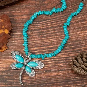 Boho Retro Inspired Dragonfly Vibrant Blue Hue Genuine Turquoise Accent Necklace thumbnail 1
