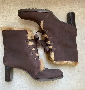 LOFT Chocolate Fur-Trimmed Heeled cozy Boots suede 7 thumbnail 1