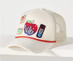 NWT Anthropologie Women’s Cream Trucker Hat with Red Apple Multicolor Patches thumbnail 1