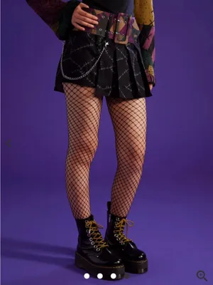 Black Pleated Stitch-Print Mini Skirt with Chain thumbnail 6