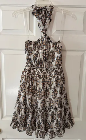 Express White One-Shoulder Floral Dress with Navy and Gold Print thumbnail 1
