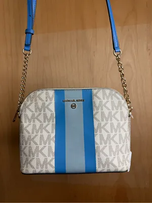 Michael Kors Blue Stripe MK Logo Crossbody Bag Gold Chain Strap thumbnail 2