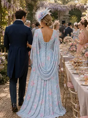 Boutique #3-15 Aqua floral  drape back dress. thumbnail 2