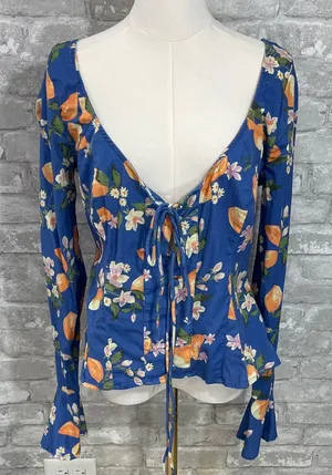 Free People Floral Blue and Orange Kayla Top thumbnail 1