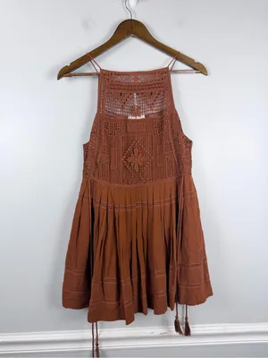New Free People Emily Crochet copper brown Dress Size XS Boho thumbnail 4