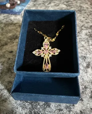 14kt Gold Plated Stainless Steel Cross Necklace with Pink Rhinestones thumbnail 1
