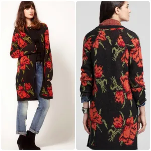 Free People Womens Floral Rose Boho Grunge Longline Flower‎ Power Cardigan XS thumbnail 2