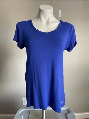 HARLEY DAVIDSON | Blue Short-Sleeve Scoop Neck Top with Beaded Trim Sz M thumbnail 1