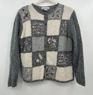 Dress Barn Women's Cardigan Sweater Patchwork Floral Silk Cottagecore L Grey thumbnail 1