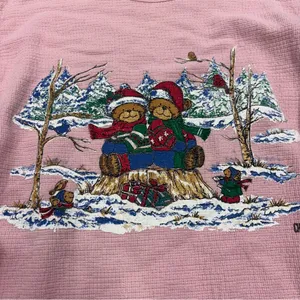 Chic Vintage Christmas Bear Womens Medium Pink Ugly Christmas Sweater 80s 90s thumbnail 2