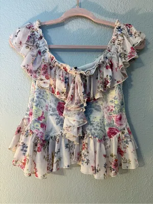 Anthropologie Floral Off-Shoulder Ruffle Crop Top - Pink & Cream thumbnail 5