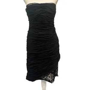 Victor Costa Vintage 1980s Black Ruched Strapless Lace Hem Gothic Cocktail‎ Sz 6 thumbnail 3