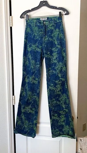 I.AM.GIA Pant Tali Denim Flare Animal Print High-Rise Green Tiger‎ XS EUC thumbnail 1