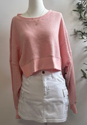 Pink Waffle Knit cropped Sweater Size L thumbnail 1