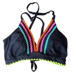 NWT Popvil Black/Neon Scallop Trim High Waisted Tie Side Bikini Set Large thumbnail 6
