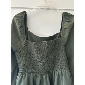 SHEIN olive green blouse draped square neckline bishop sleeves Peasant Top XL/12 thumbnail 6