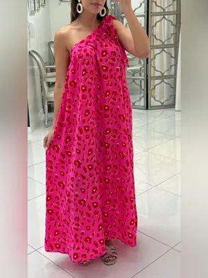 Jodifl hot pink and red leopard print one-shoulder flowy fit maxi dress M thumbnail 6