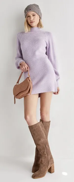 Miami Francesca’s Rosemary Mock Neck Fuzzy Sweater Mini Dress Soft Lilac‎ medium thumbnail 1