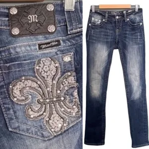 Miss Me Jeans FDL Easy Straight Dark Wash Rhinestone Bling Pockets Size 26 | 2 thumbnail 3